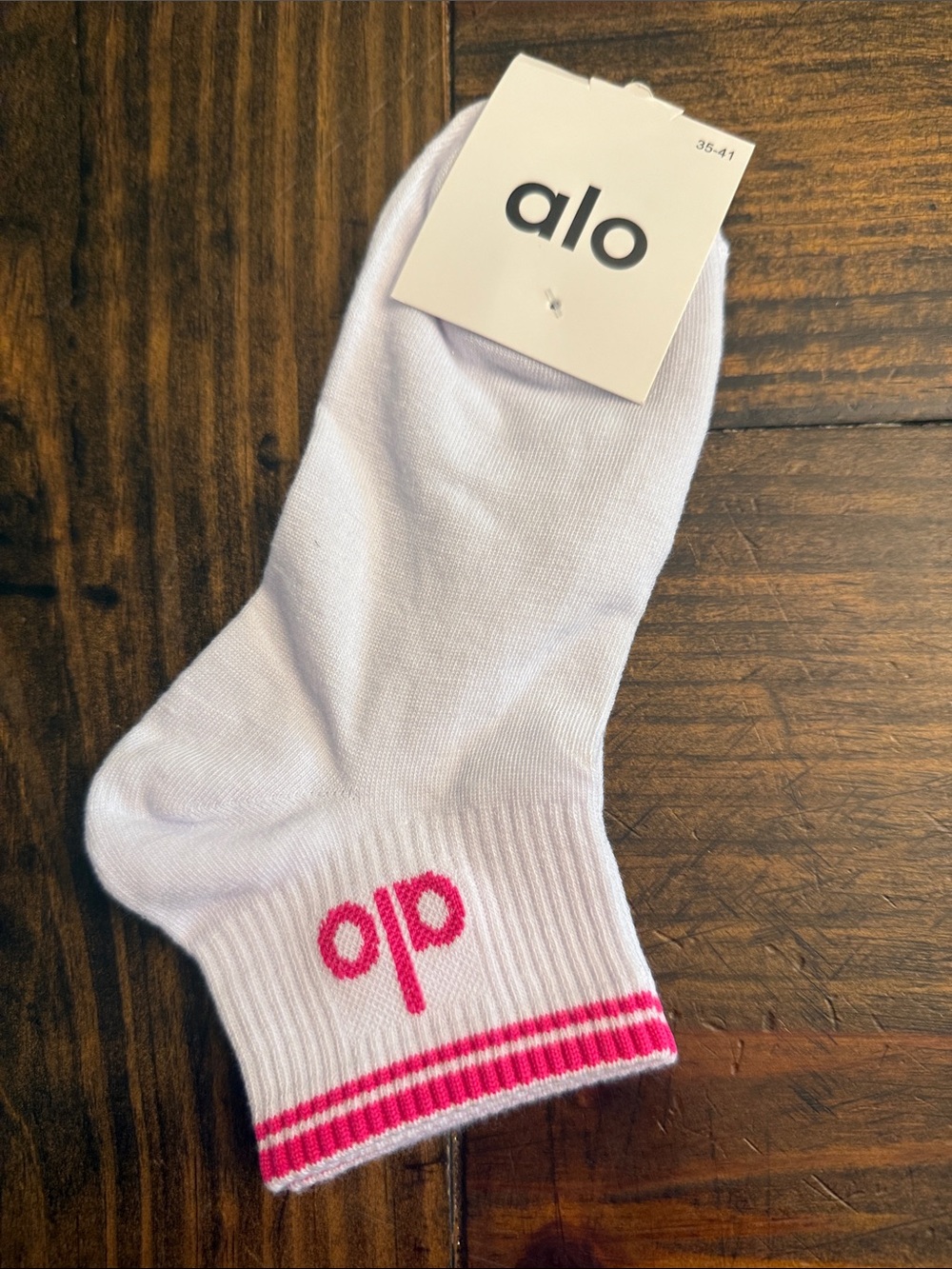 Alo Yoga Inspired White Ankle Socks with Hot Pink Logo and Double Stripes